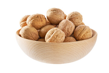 Walnuts in wooden bowl  isolated on white background.