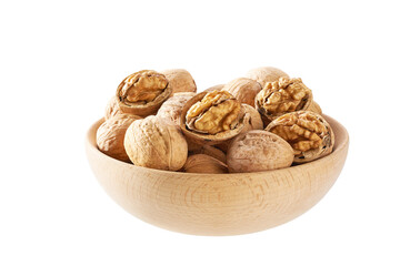 Walnuts in wooden bowl  isolated on white background.