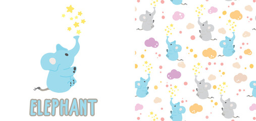cute baby elephant. isolated character and seamless pattern