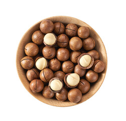 Macadamia in wooden bowl  isolated on white background, top view.