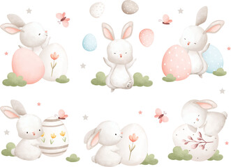 Watercolor Illustration set of Easter rabbit and Easter egg