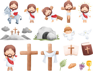 Watercolor Illustration set of Easter Story. Religion illustration