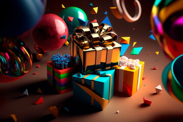 Holiday decorative  boxes ,Happy birthday. Festive background.  Generative AI