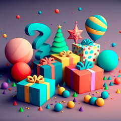 Holiday decorative  boxes ,Happy birthday. Festive background.  Generative AI