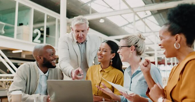 Happy business people, laptop and planning strategy in startup company, marketing agency and collaboration. Diversity, teamwork and brainstorming on computer with management, employees and innovation