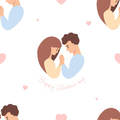 Seamless pattern with couple in love. Happy romantic girl and man on white background with hearts. Vector illustration. endless background for valentines, festive packaging, wallpaper, design .