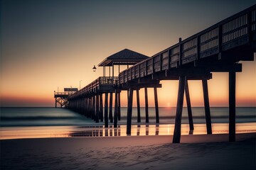 Tranquil View of a Pier at Sunset: A Calm Sea and a Perfect Setting for Travel and Lifestyle Promotions