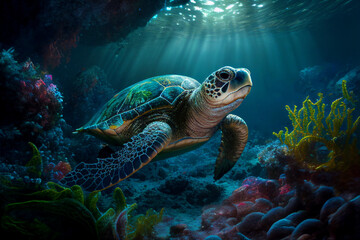 Naklejka na ściany i meble a turtle swimming under the sea, coral, light shines through the sea With Generative AI