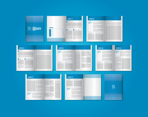 Multi-page design template layout with blue theme color and has 14 pages. Template layout of book, annual report, proposal, magazine and brochure.