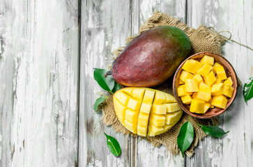 Mango slices in a bowl on napkin.