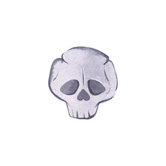Gray skull. Element from the world of magic. Hand drawn watercolor painting isolated on white background.