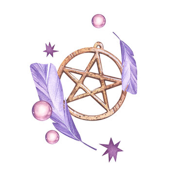 Pentagram pendant with a feather of a magical bird. Element from the world of magic. Watercolor illustration.