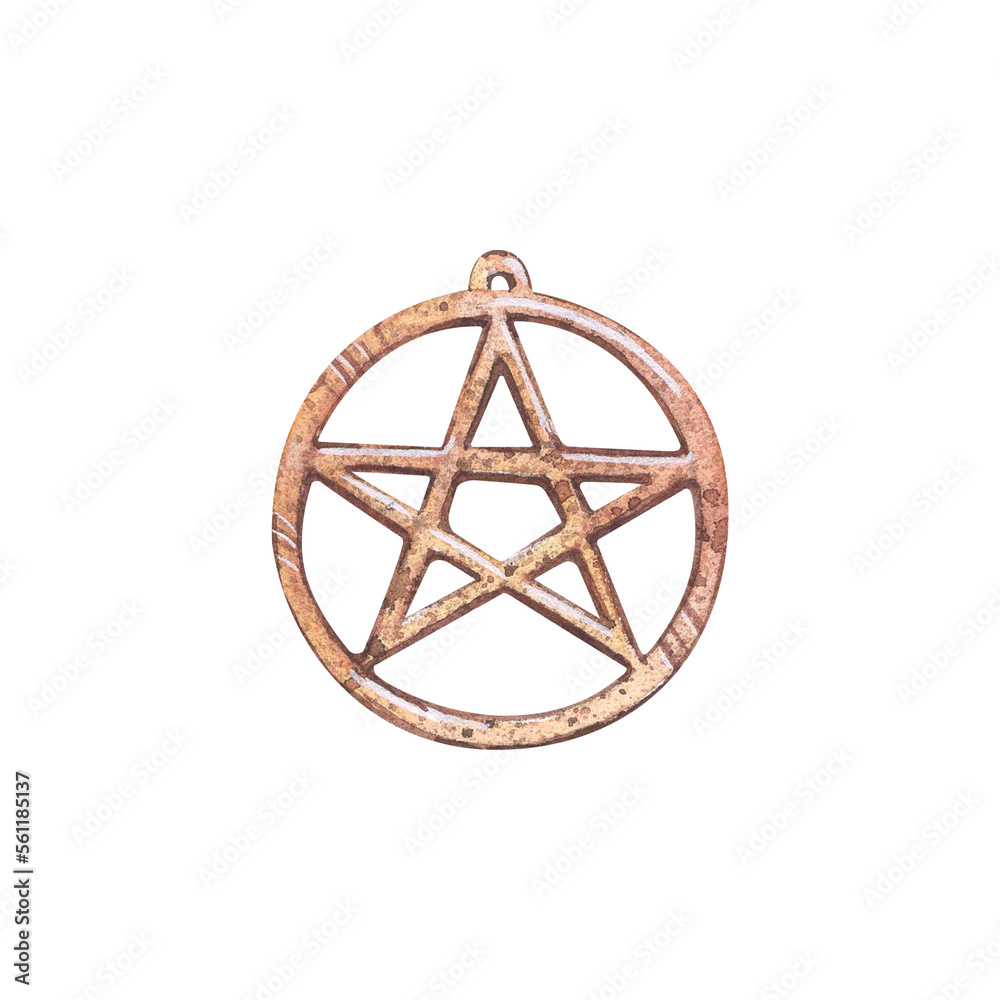 Wall mural protective pendant. metal pentagram. element from the world of magic. hand drawing isolated on white