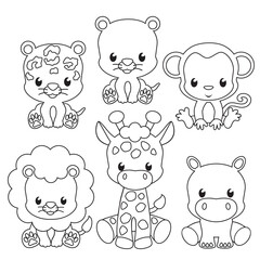 Cute jungle baby animals outline vector cartoon illustration