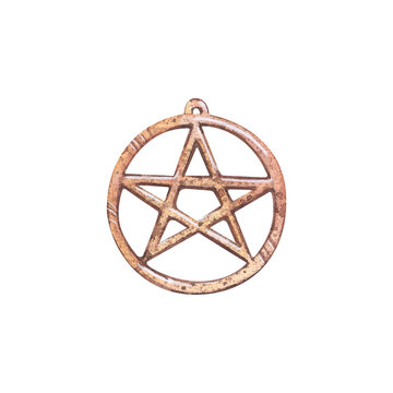Protective pendant. Metal pentagram. Element from the world of magic. Hand drawing isolated on white background.