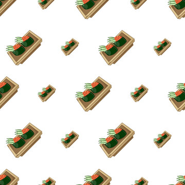 cartoon gunkan-maki sushi, japanese food seamless pattern on colorful background
