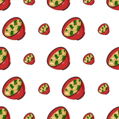 cartoon miso soup, japanese food seamless pattern on colorful background
