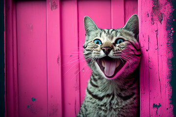 A wild cat sits frightened by the pink wooden wall With Generative AI