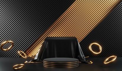 3D rendering of black podium background for black friday product on podium