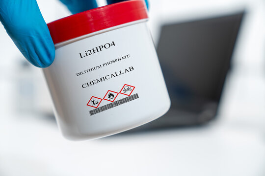 Li2HPO4 dilithium phosphate CAS  chemical substance in white plastic laboratory packaging
