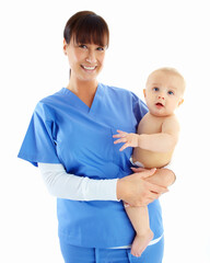 Portrait, nurse and woman with baby in studio isolated on a white background. Face, healthcare and happy medical worker, physician and female pediatrician holding child, kid or toddler at hospital.