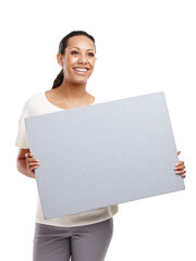 Advertising, banner and woman on a white background with poster, billboard and gray sign isolated in studio. Marketing, branding mockup and happy female model for announcement, news and information