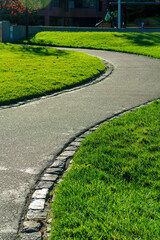 Sunlit path in the park or in a recreation area in the suburban part of the neighborhood for sports or travel