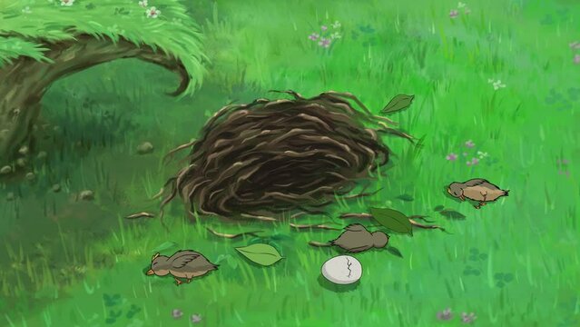 (2D Animation) A bird's nest fallen on the ground and chicks birth from the egg.