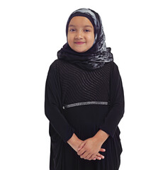 Obraz na płótnie Canvas Islamic fashion, young girl and smile standing in white background for culture happiness, religion awareness or empowerment. Muslim child, happy and religious clothes or hijab isolated in studio