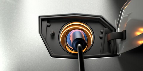 Hybrid car charger plug in closeup 3d rendering illustration. Conceptual electric car or vehicle charging supply.