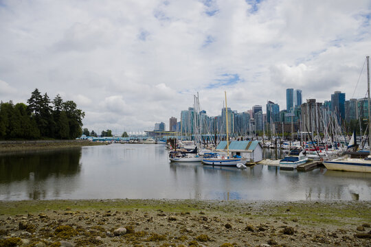 Summer trip across America - Stanley Park waterfront, downtown Vancouver, harbor with yachts and boats, skyscrapers and nature. Calm water of the bay, low tide.