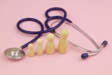 Medical help for growing up females. Female people figures and stethoscope on pink background.