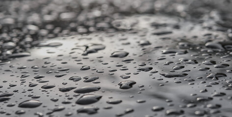 Water drop background on a dark surface, selective focus, blurred background. The concept of protection against moisture and rain of surfaces and materials, the idea for the background