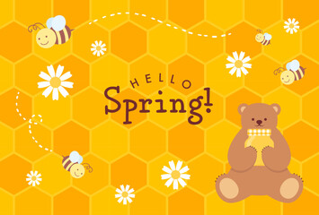 Fototapeta premium vector background with a set of honey, bear, bees, honeycomb and flowers for banners, cards, flyers, social media wallpapers, etc.