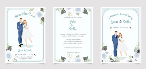 Obraz na płótnie Canvas beautiful flat style young wedding couple on blue and white flower bouquet invitation template collection