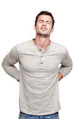 Back pain, spine injury and studio man with emergency crisis, anatomy problem or inflammation. Medical healthcare, muscle strain accident and hurt young model with fibromyalgia on white background