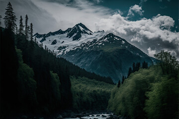 Landscape with a snow covered mountain the distance with trees in the foreground, dramatic sky