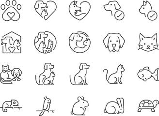Fototapeta na wymiar Pet friendly icon set. Included the icons as dog, cat, animals, bird, fish, and more.