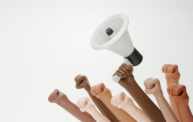 Multiethnic people raising their fists and hold megaphones - obrazy, fototapety, plakaty