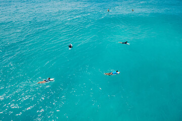 Surfers on surfboards in transparent ocean waiting wave. Aerial view