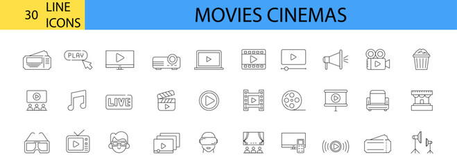 Cinema movies line icon set. Cinema, TV, Popcorn, Video Clip