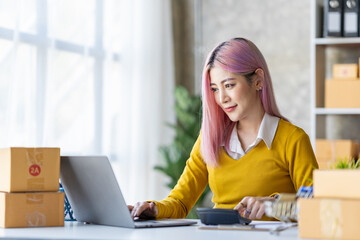 Portrait of a young Asian businesswoman sitting at a desk in an office recording data on a laptop. financial calculation and online delivery orders.