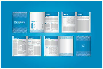 Multi-page design template layout with blue theme color and has 8 pages. Template layout of book, annual report, proposal, magazine and brochure.
