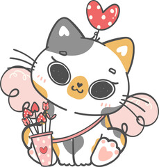 Cute Happy Valentine cupid love calico kitten cat cartoon doodle hand drawing 
