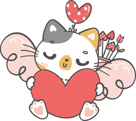 Cute Happy Valentine cupid love calico kitten cat cartoon doodle hand drawing 