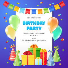 Bright birthday invitation template. Colorful background of gift boxes, balloons, firecrackers, birthday hats and banting flags with blank space for text. Vector 10 EPS.