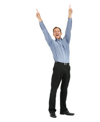 Businessman winner in portrait with success, cheers and achievement, arms in air against white background. Happy man, professional win and excited, corporate celebration with growth and bonus mockup