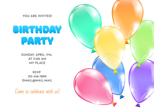 Bright birthday invitation template. Cartoon illustration of colorful ballons on a white background. Vector 10 EPS.