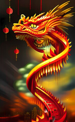 Fototapeta premium Chinese New Year celebration with a Chinese dragon. Bright greeting card. AI-generated digital illustration.
