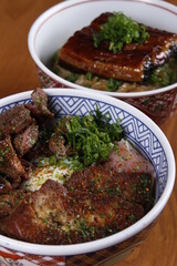 Japanese rice bowl with pork and steak slices on top